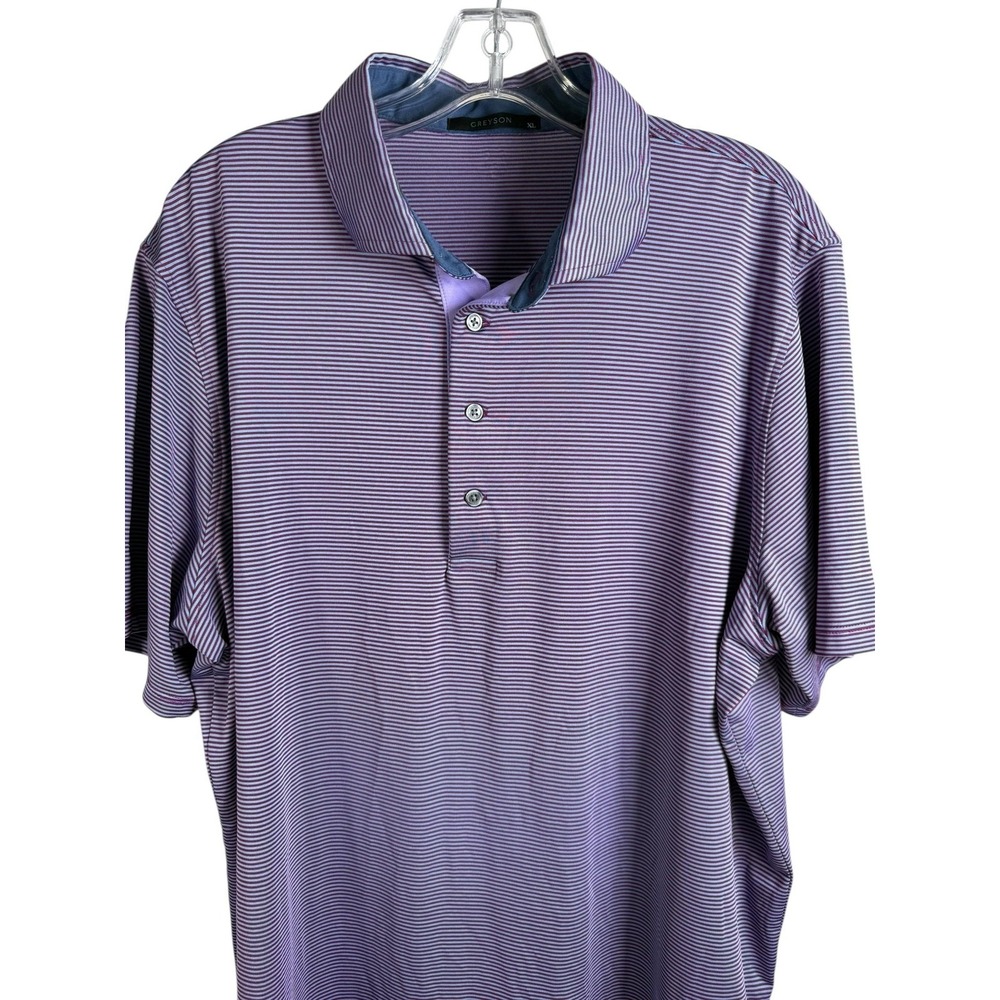 Greyson Polo Shirt Mens XL Purple Stripe Performance Golf Stretch Wolf Logo - Picture 4 of 7